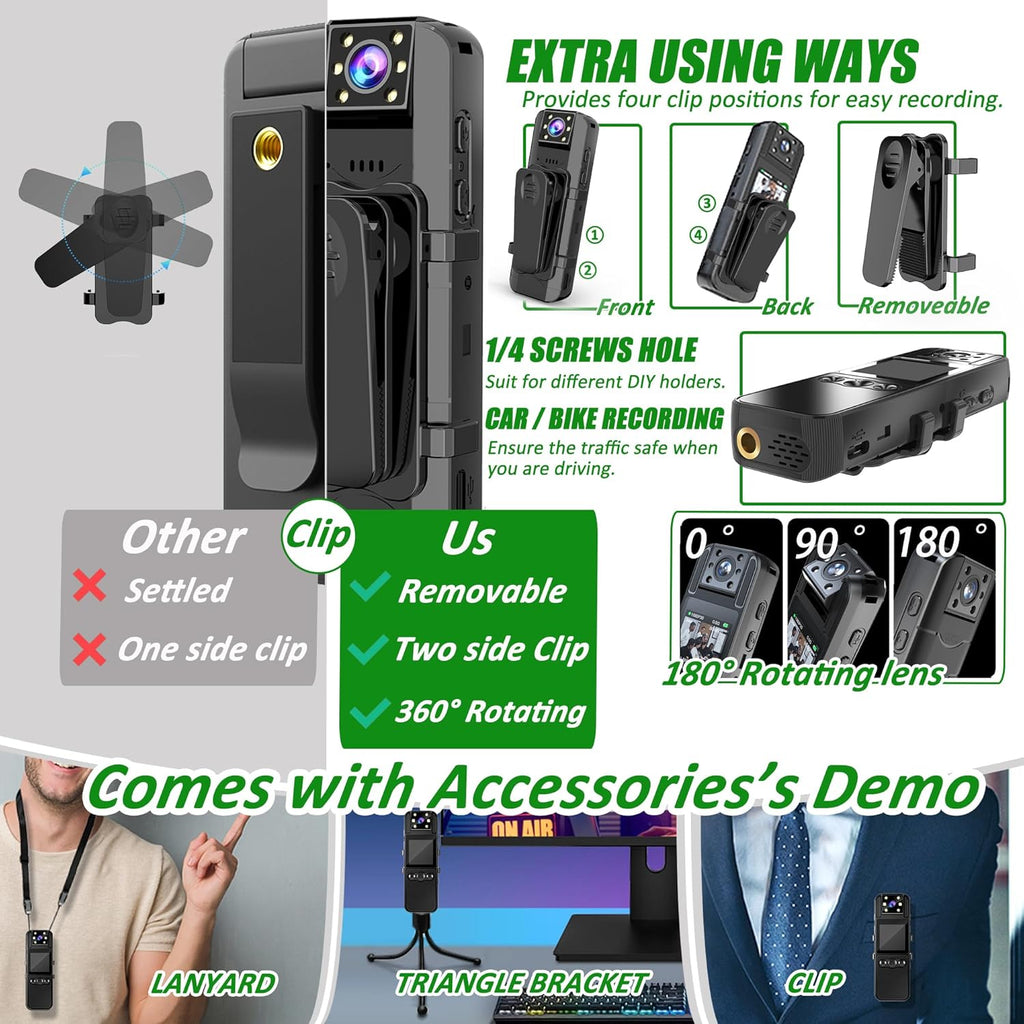Body Camera with Audio and Video Recording, HD 1080P Body Cam with 180° Rotating Lens, 6HR Battery, IR Cut Auto Night Vision, 64GB Body Worn Camcorder, for Personal Civilians, Police Law Enforcement