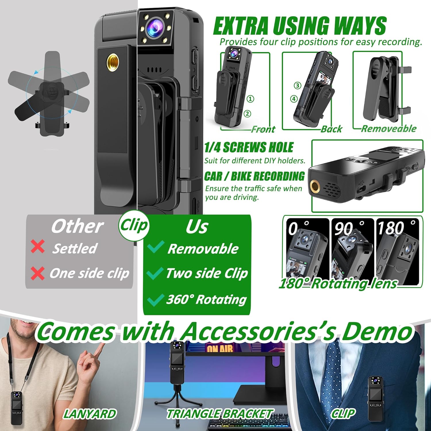 Body Camera with Audio and Video Recording, HD 1080P Body Cam with 180° Rotating Lens, 6HR Battery, IR Cut Auto Night Vision, 64GB Body Worn Camcorder, for Personal Civilians, Police Law Enforcement