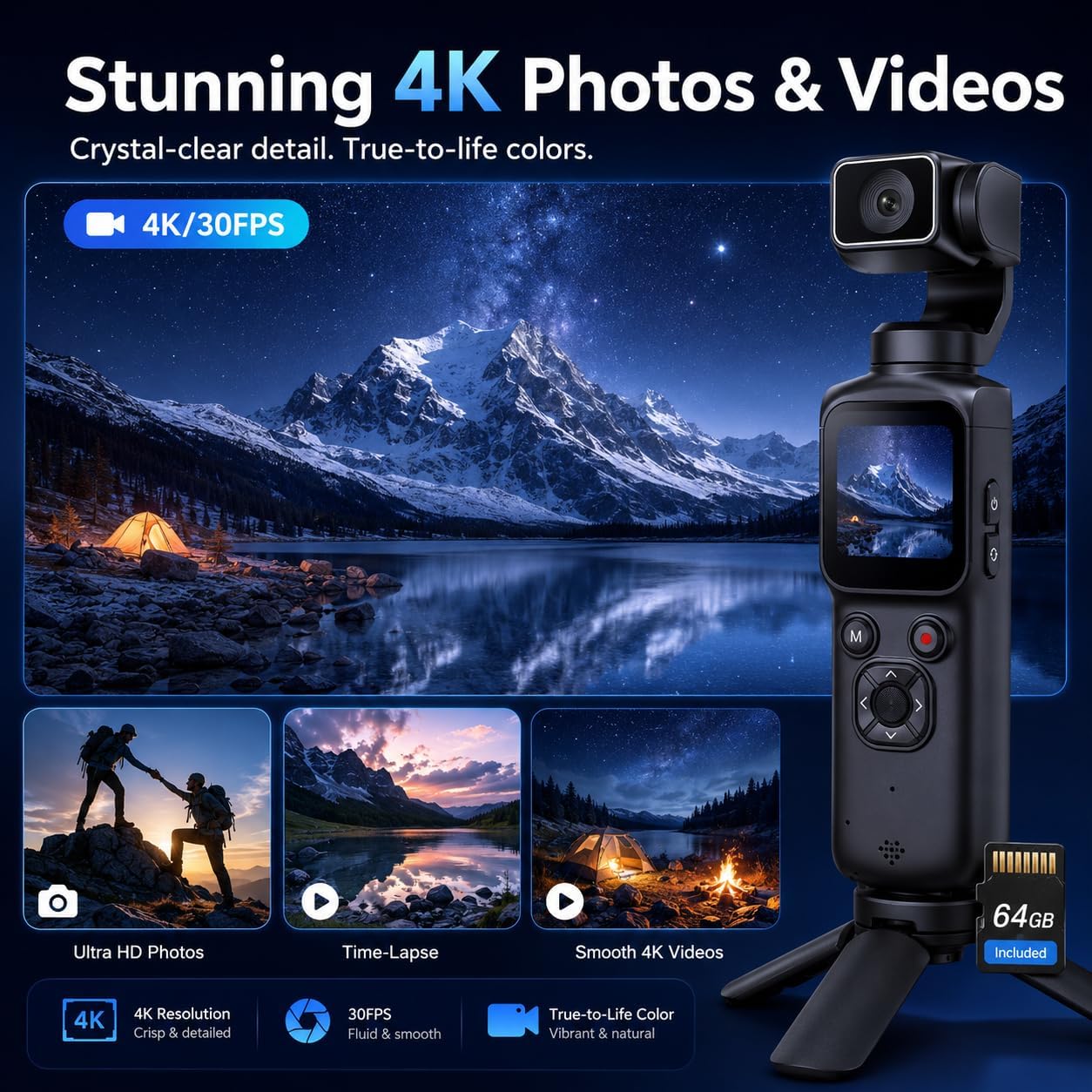 4K Pocket Vlogging Camera , 75MP Digital Camera with single-axis Horizontal 330°, 1.72" Touch Screen, Fast Auto Focusing, Face Auto-Detect, 4X Zoom for Daily Recording, Youtube Titktok INS Content